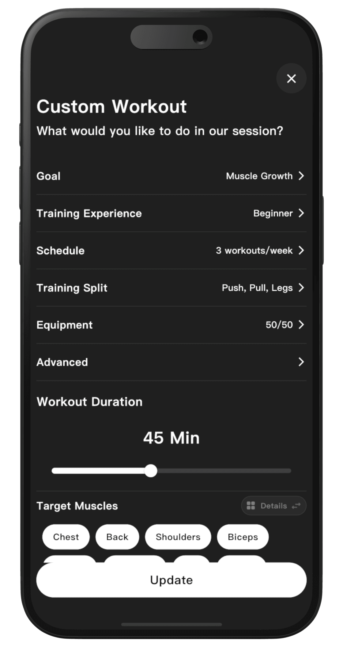 Custom workout setup screen