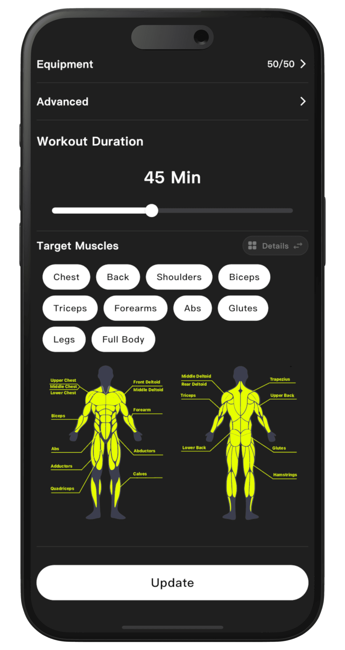 Target muscles customization screen