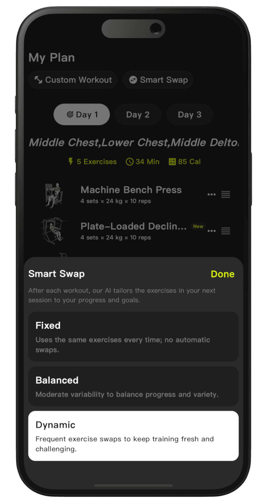 Smart workout swap screen